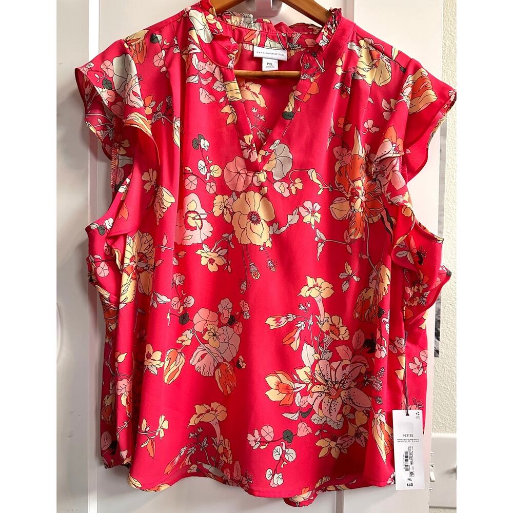 Liz Claiborne Floral Top PXL Flutter Sleeve Lightweight Pink Teaberry Ruffle